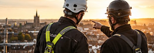 Two engineers in safety harnesses looking out over a city at sunset