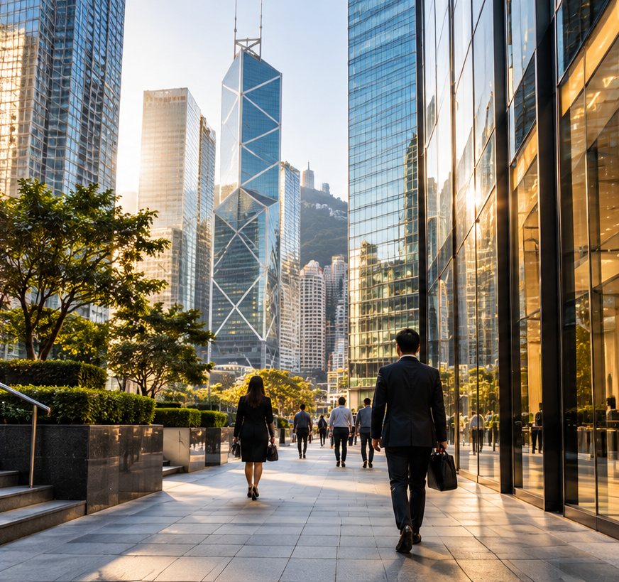 Business district in Hong Kong with people walking between glass towers