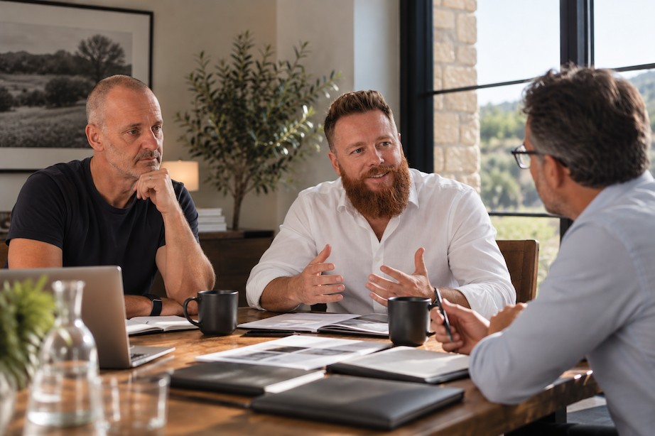 Phixr founders in discussion with a business owner