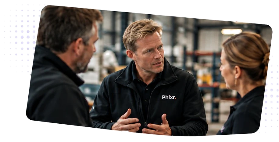A Phixr team member talking with two colleagues in a workshop