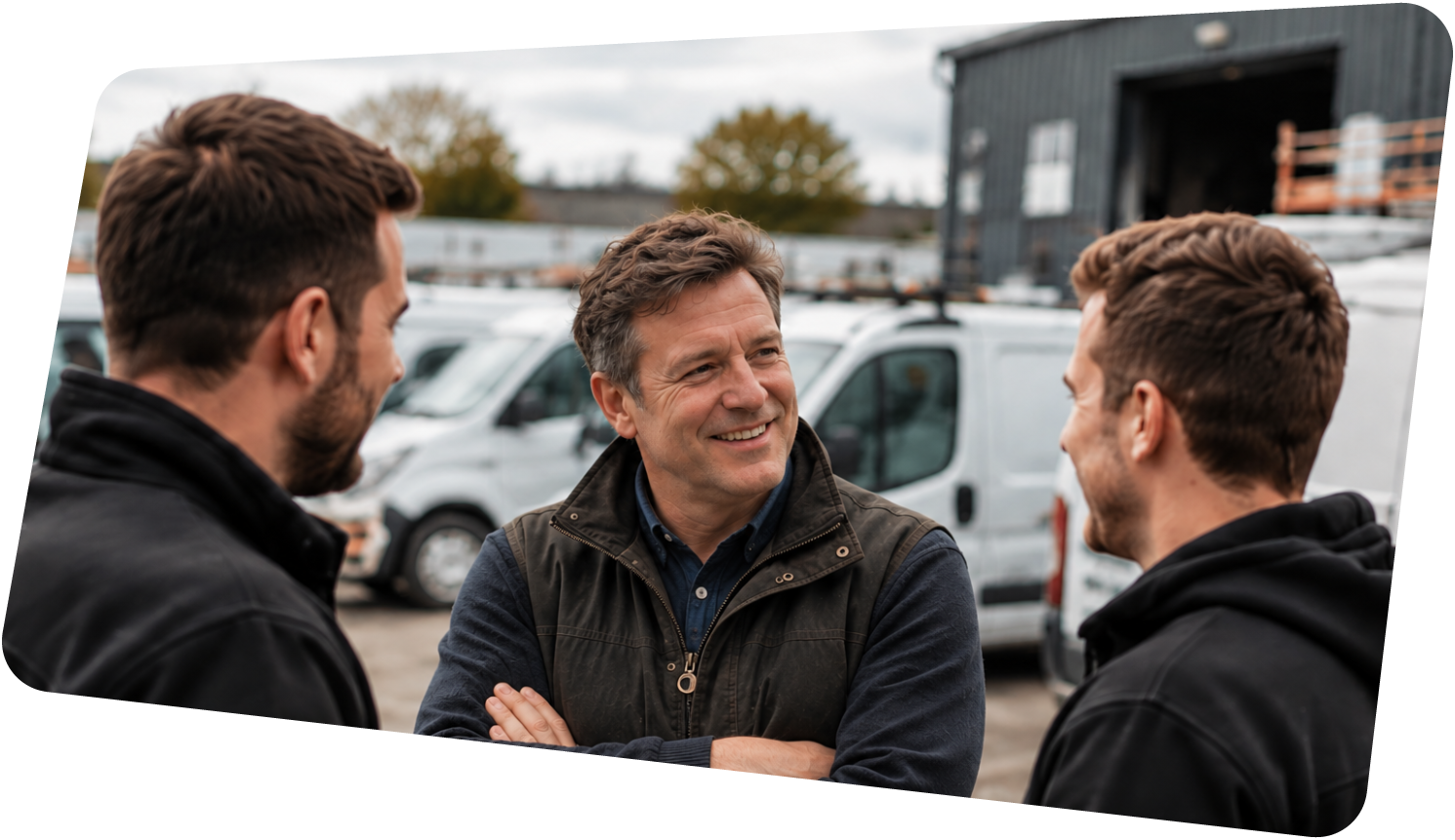 A business owner talking with two engineers in a van yard